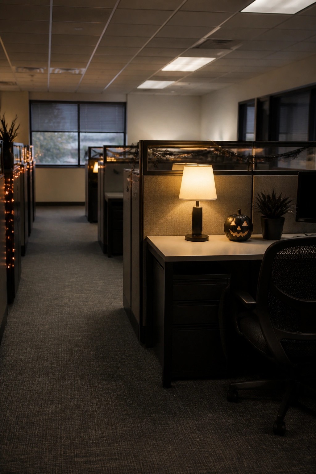 Office cubicle with a lit jack o lantern on the desk, string lights along the partition, and black garland draped across the top.