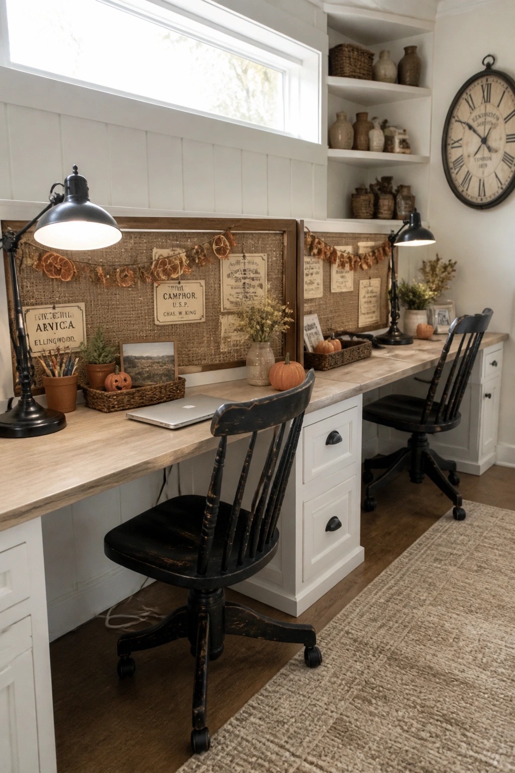 Rustic home office with long wooden desk, black chairs, burlap boards, and autumn decor