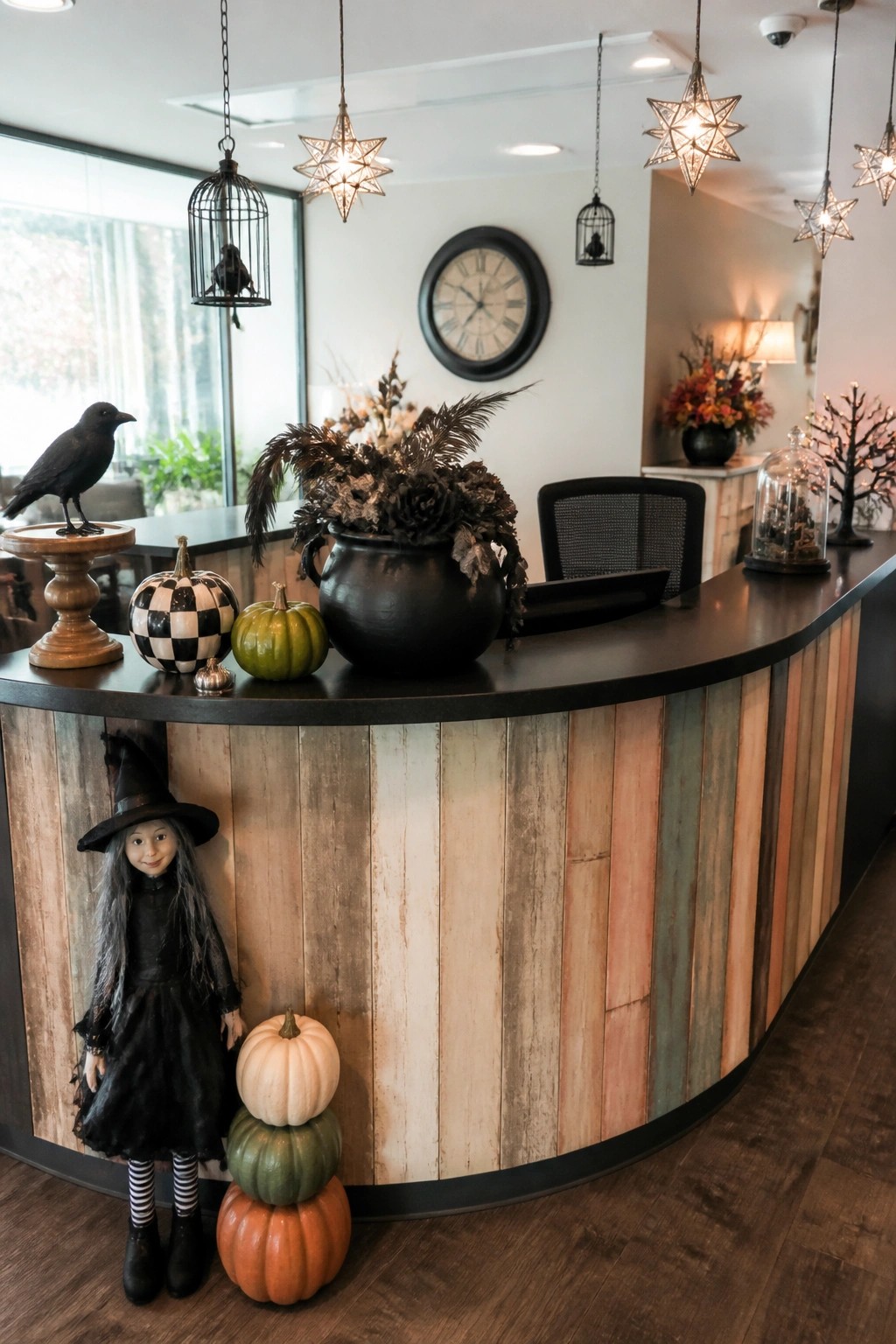 Reception desk in an office decorated with a witch doll, stacked pumpkins, a black crow figure, and dark floral arrangements.