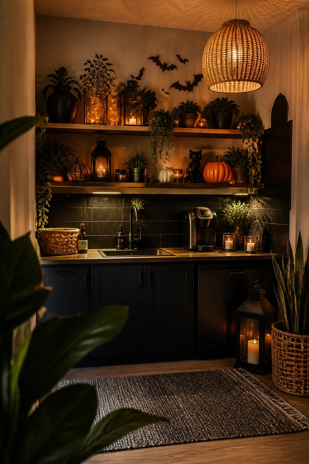 Office kitchen area with black bat decorations on the wall above shelves holding pumpkins, lanterns, and a black cat figurine.