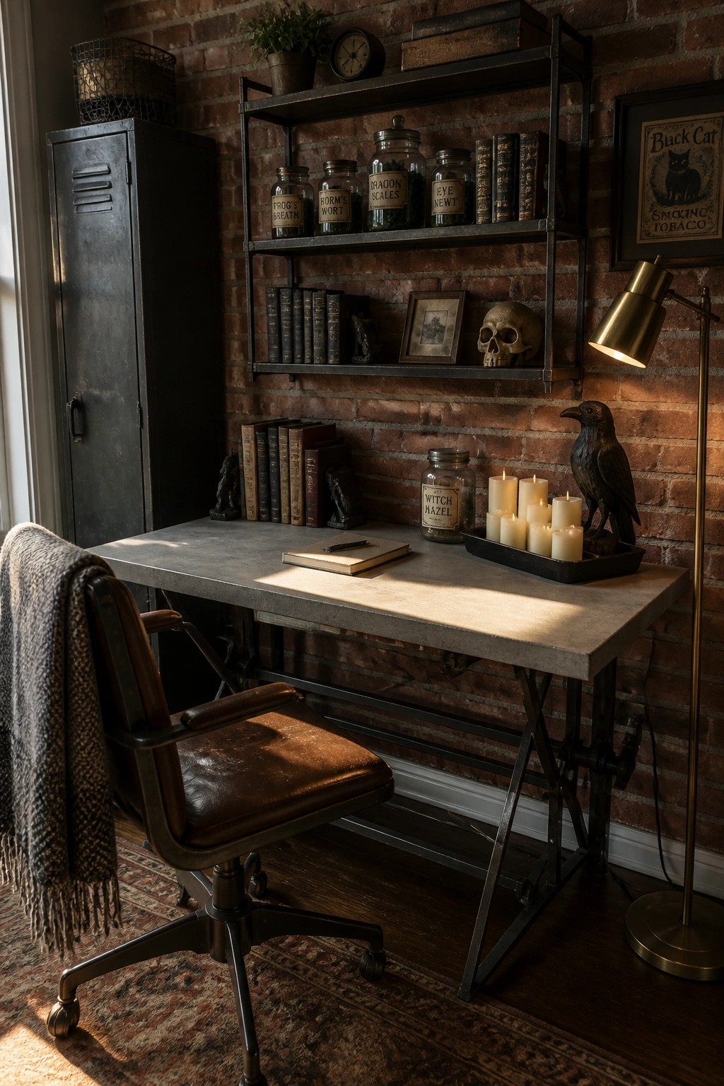 A home office with a concrete desk, brown leather chair, and metal shelves holding labeled glass apothecary jars, books, a skull, and lit candles against a brick wall.