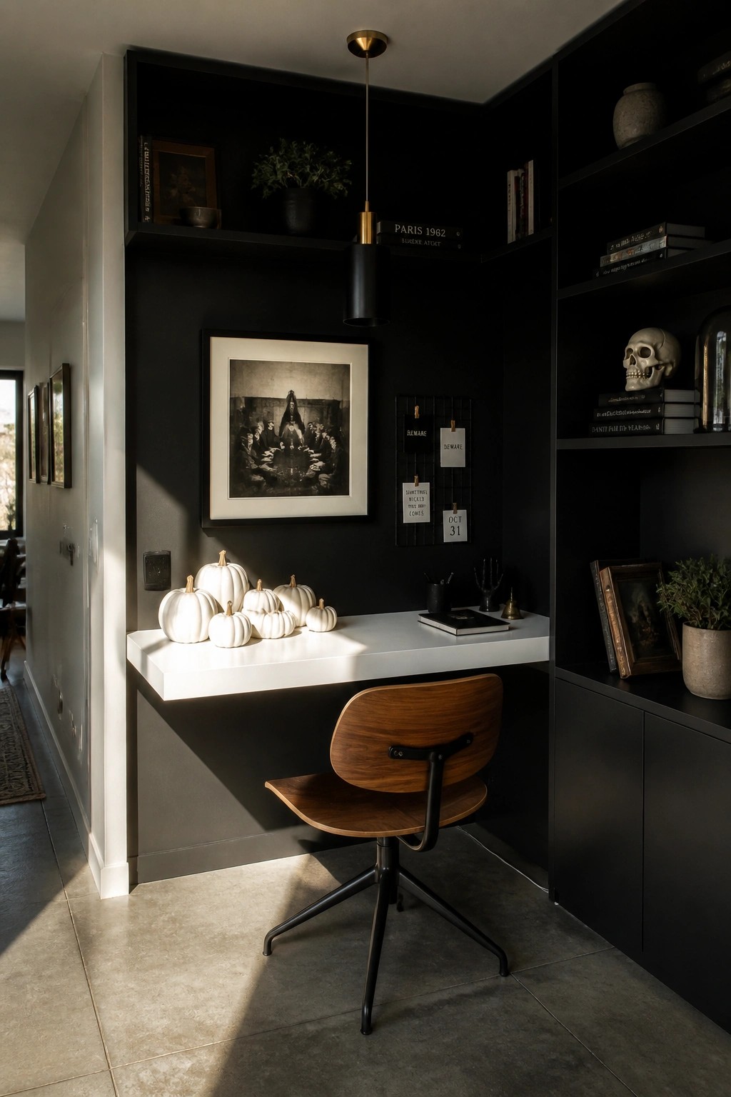 A home office features a white desk with multiple white pumpkins arranged on top, a wooden swivel chair, black walls with framed art, and built-in shelving.