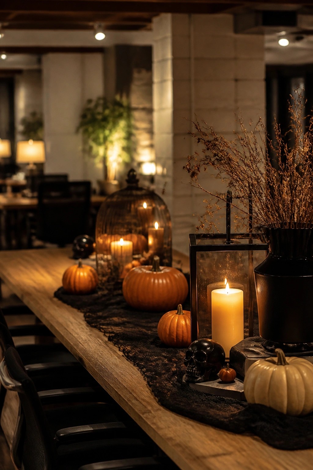 Long wooden conference table decorated with orange pumpkins, black skull, lit candles in lanterns, and dried branches on a dark runner.