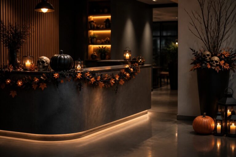 20 Office Halloween Decorations That Bring the Festivities to Work Office reception desk with carved jack o lanterns and black pumpkins arranged at the base along with black floral stems and lanterns.