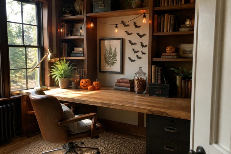 A wooden home office desk with built-in bookshelves decorated with string lights, small jack-o'-lanterns, black bat cutouts, and books.