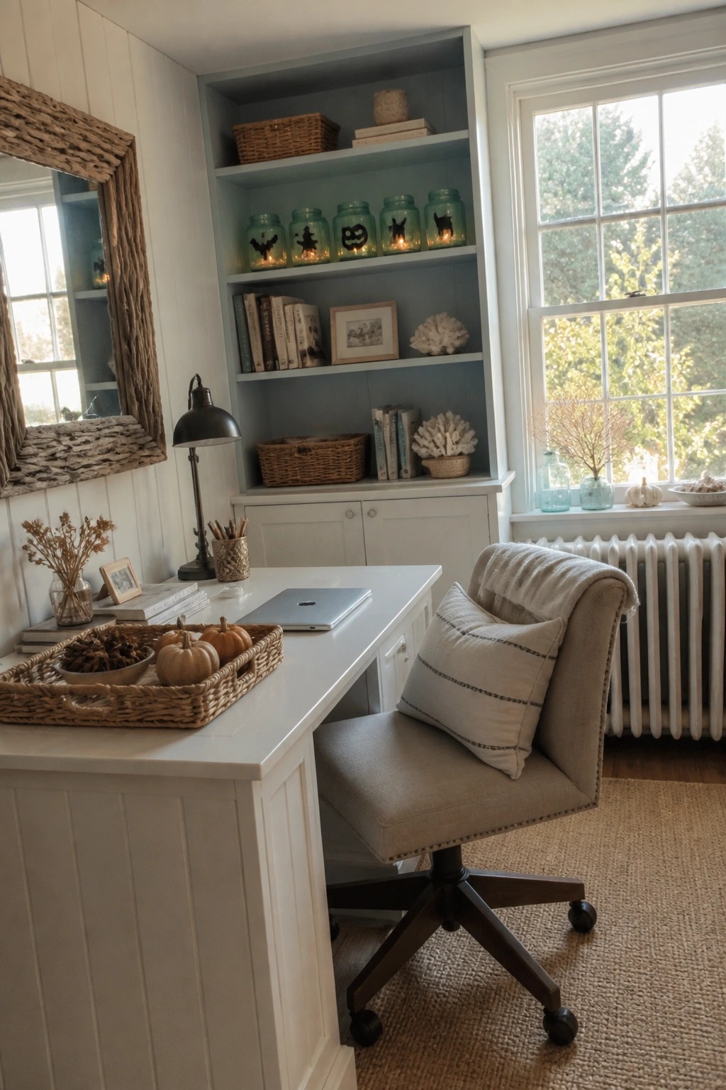 A home office with a white desk, upholstered chair, and built-in blue shelves holding glowing jack-o'-lantern jars, books, and woven baskets.