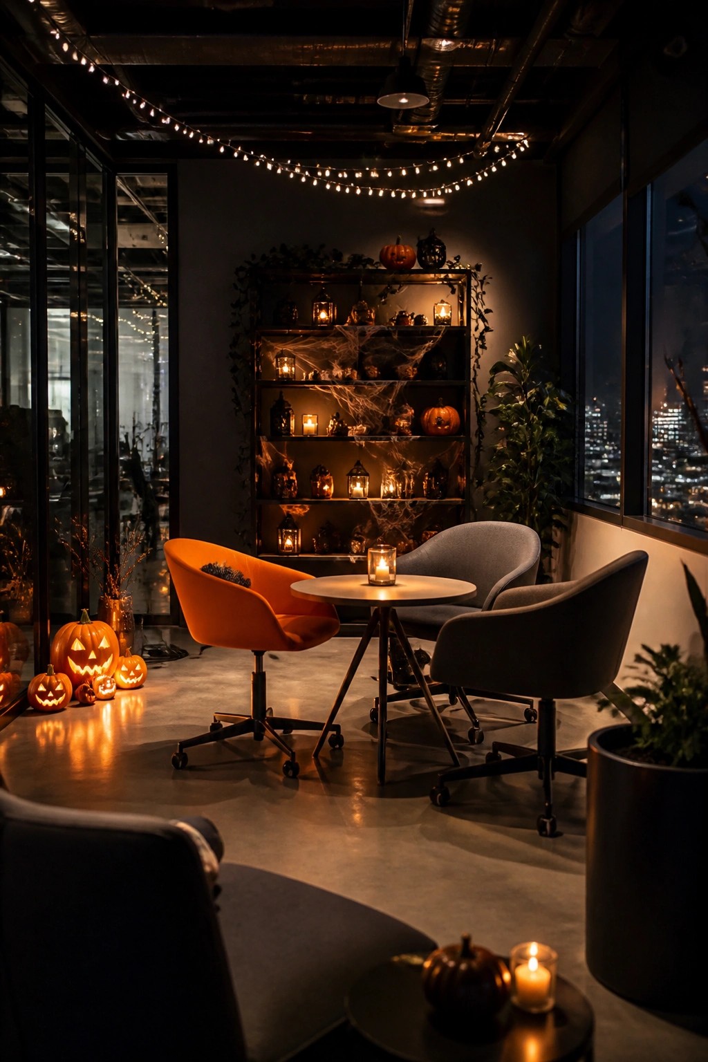 Office lounge with several carved jack-o'-lanterns on the floor around modern chairs, spiderwebs on background shelves, and small candles.