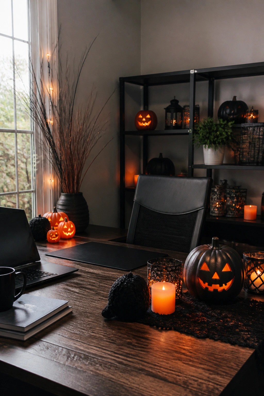 Halloween-decorated wooden desk with glowing pumpkins, candles, laptop, and black chair