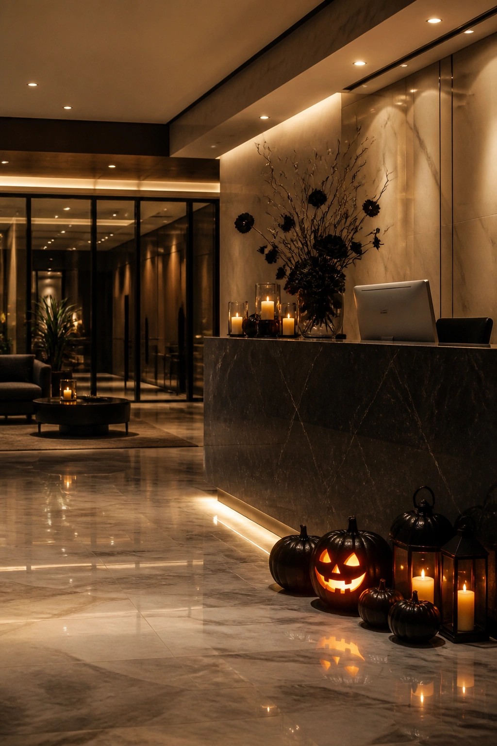 Office reception desk with carved jack o lanterns and black pumpkins arranged at the base along with black floral stems and lanterns.