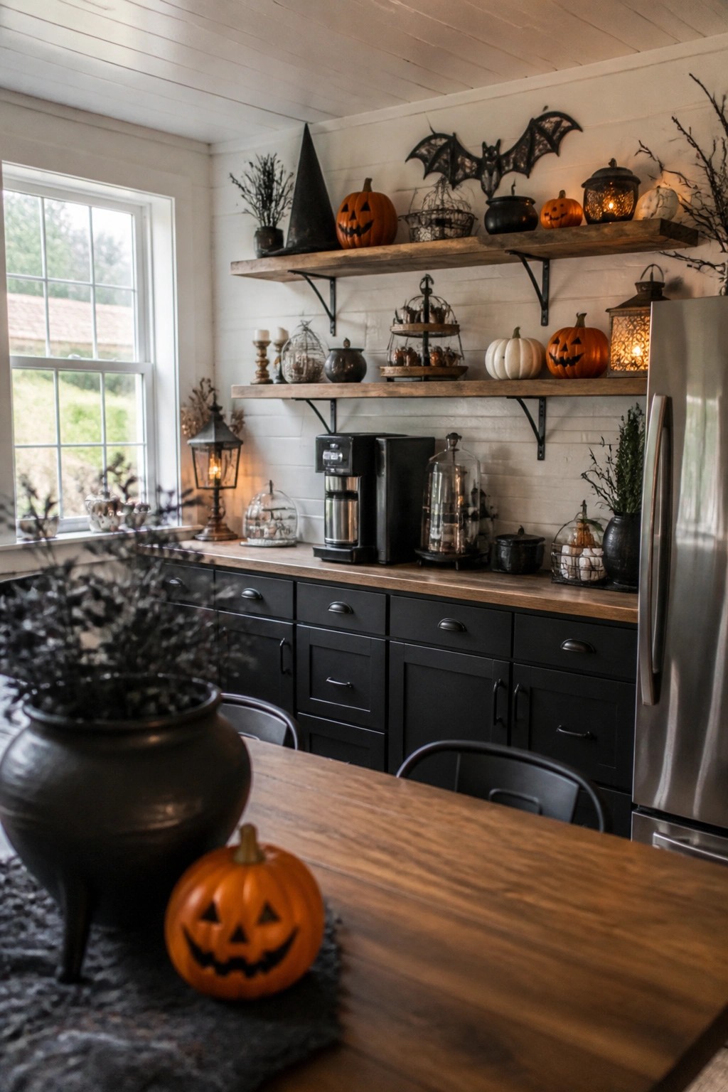 Kitchen with wooden floating shelves holding multiple jack o lanterns, black bat wall decor, and a coffee maker on the counter below.