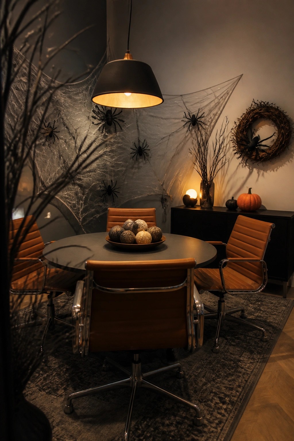 Office meeting room with a large spiderweb and black spiders stretched across the back wall above a round table.
