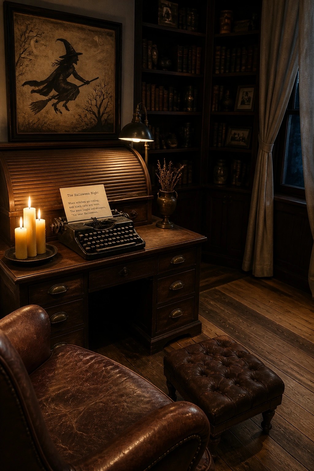 Vintage typewriter with Halloween poem on wooden desk beside lit candles and witch painting.