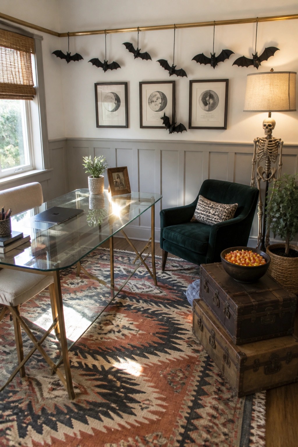 An office interior with a glass desk, green velvet chair, skeleton floor lamp, and black bat cutouts suspended from a gold rod along the upper wall.