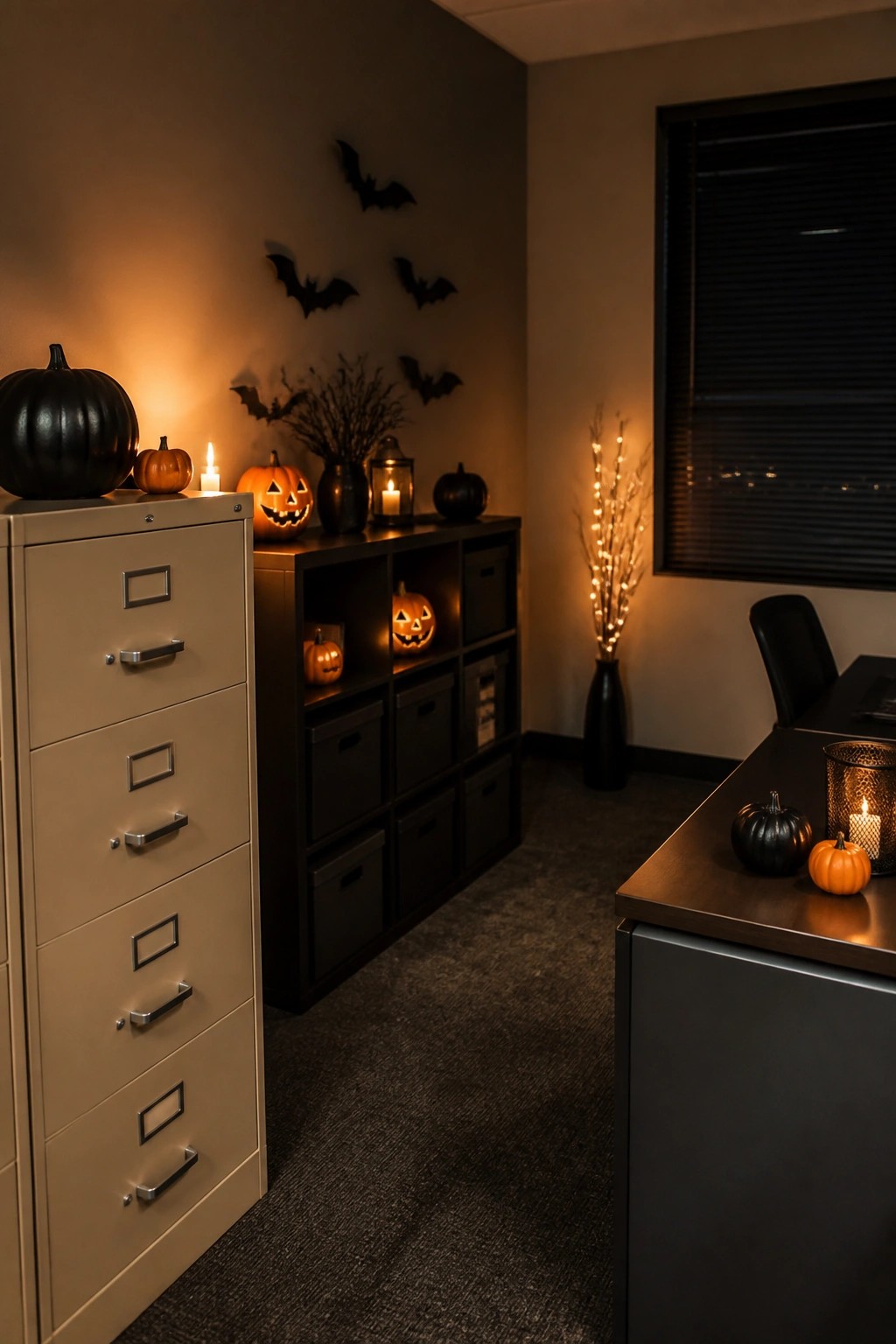 Office area with beige filing cabinet, black storage shelves holding lit jack o lanterns and black pumpkins, and black bat cutouts arranged on the wall above.