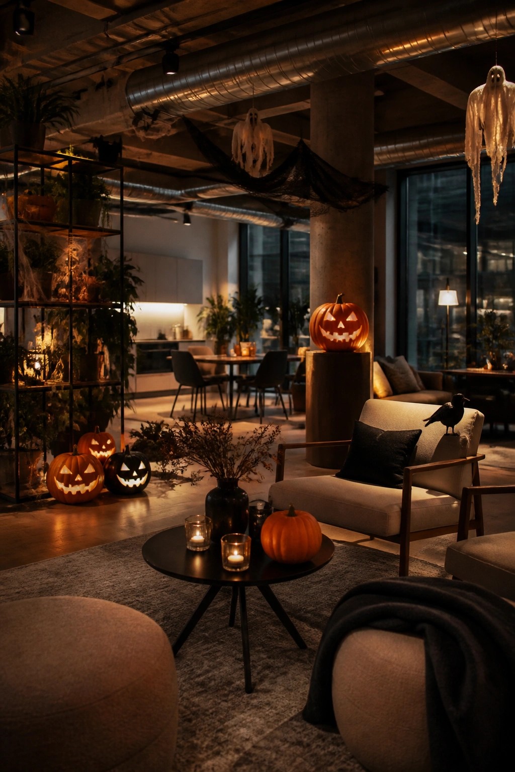Open office lounge with multiple white hanging ghost decorations suspended from ceiling beams, lit jack-o'-lanterns, and a black bird accent on a chair.