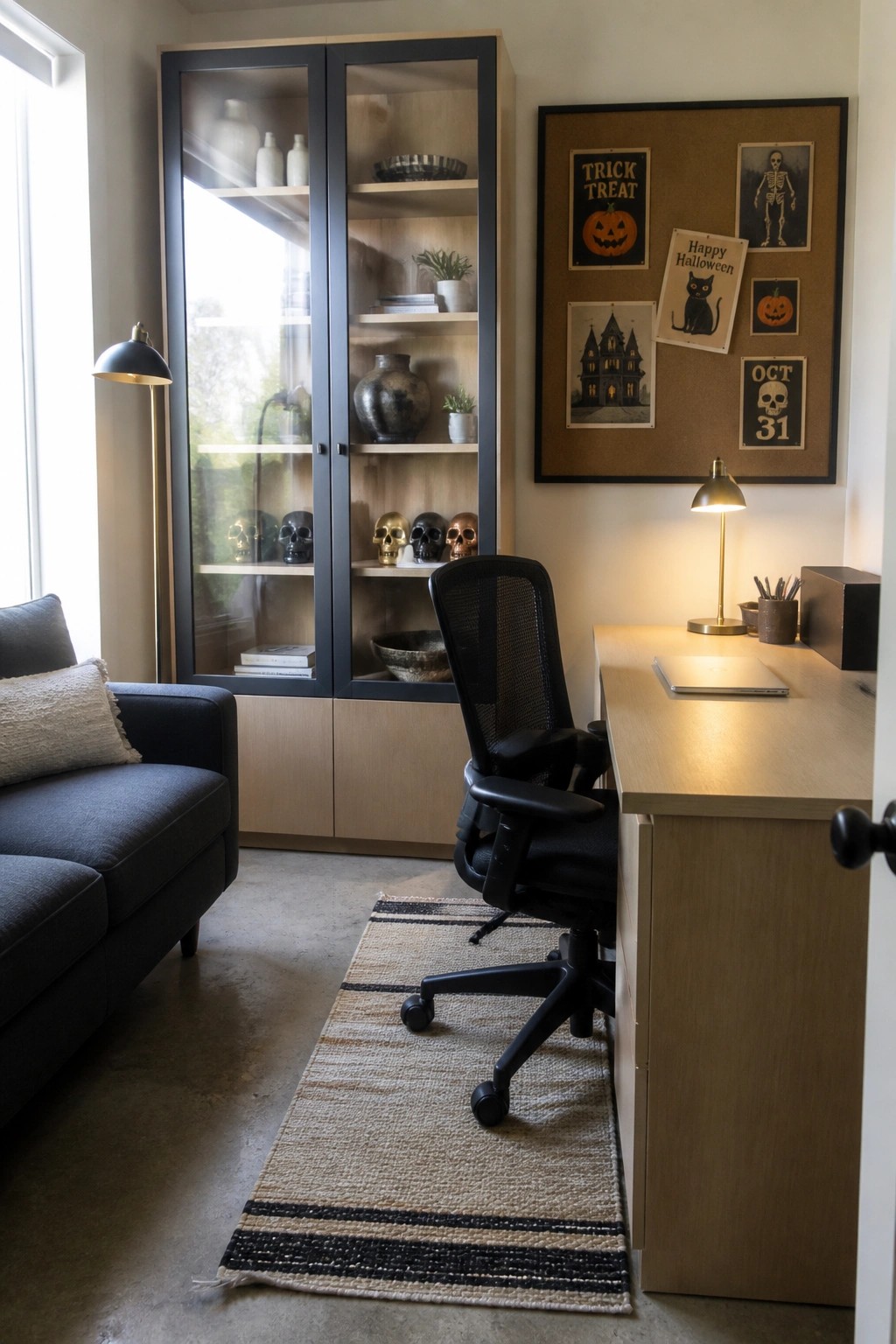 Modern home office with black chair, wooden desk, skull-filled cabinet, and Halloween decor.