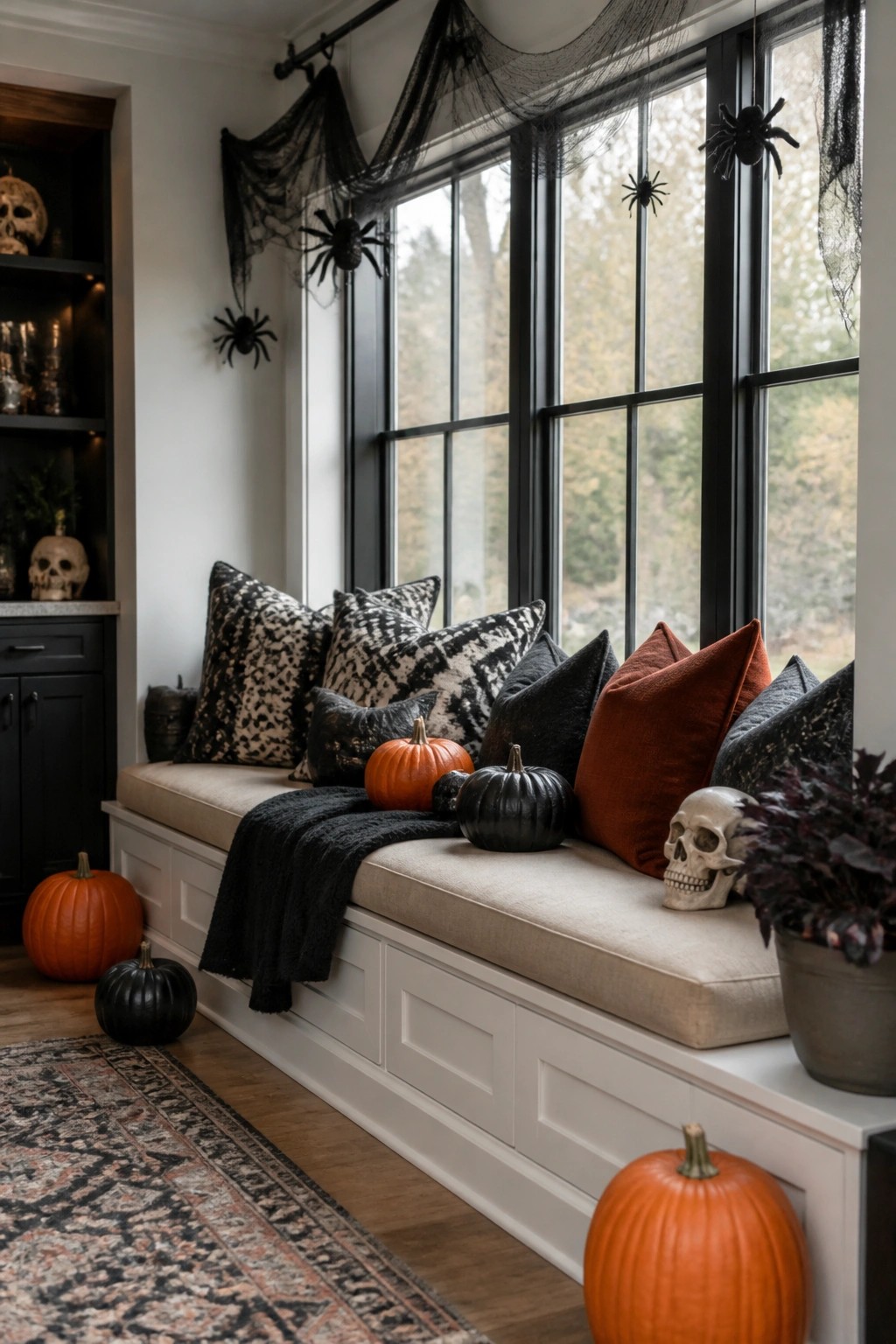 Window seat with black spiderwebs draped across the top of the glass and several plastic spiders hanging down, accented by pumpkins and skulls.