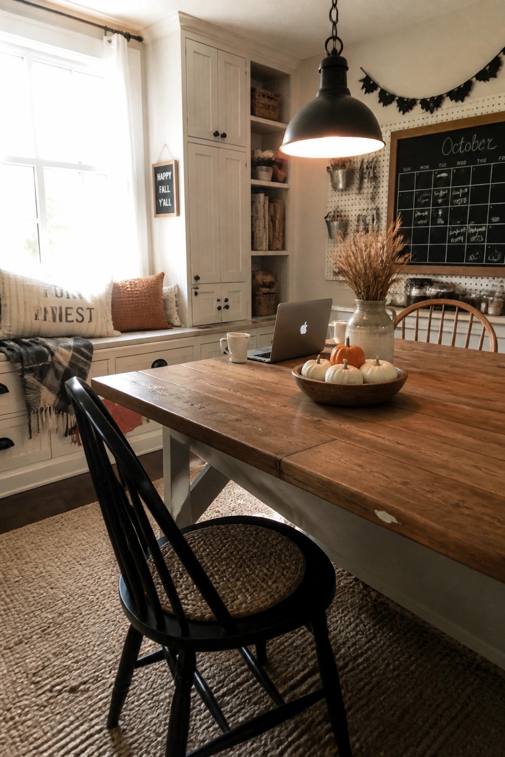 Rustic wooden table with laptop, pumpkins, black chair, white cabinets, and October chalkboard.