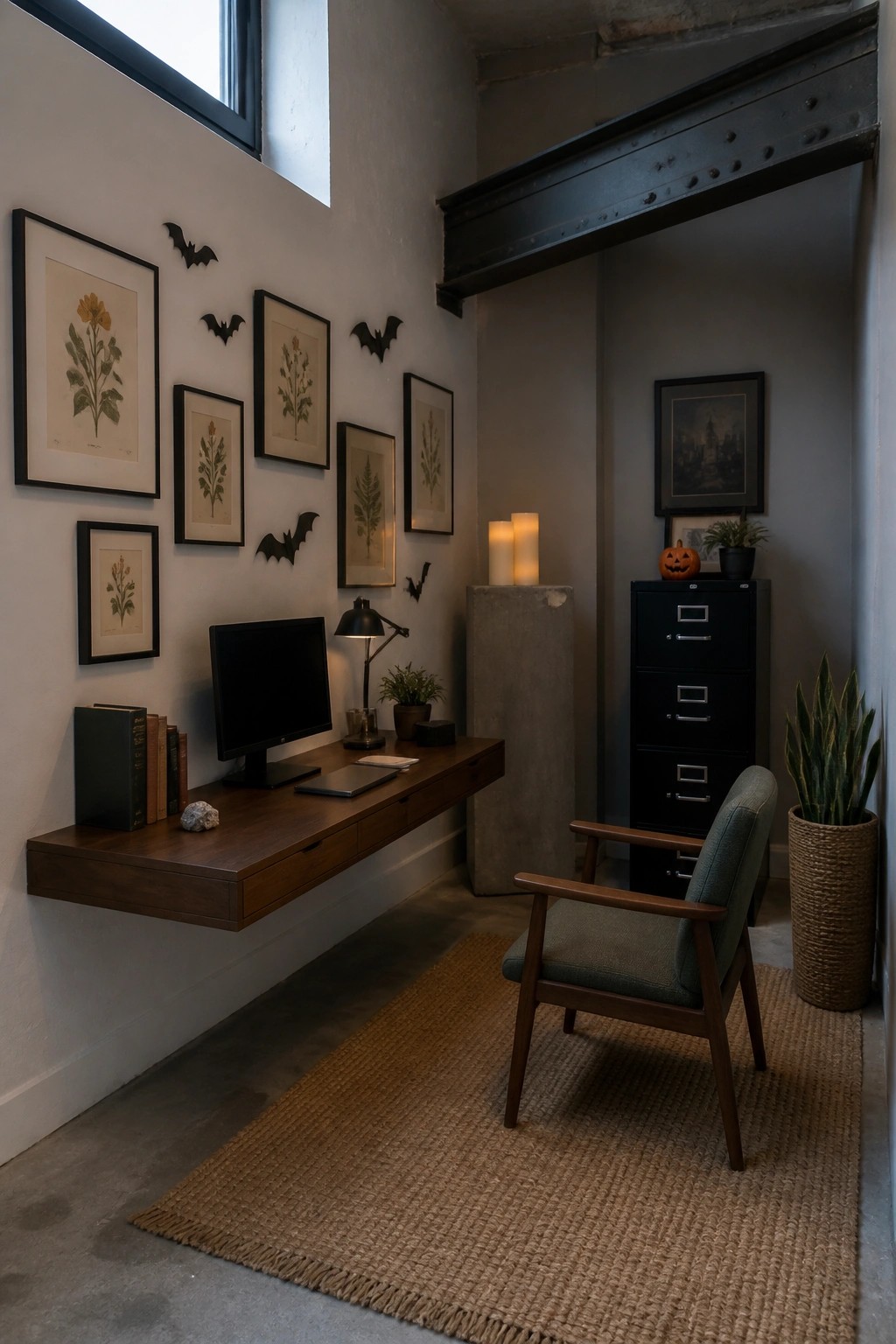 A modern home office features a floating wooden desk with a monitor and books, a green upholstered chair on a jute rug, and a gray wall displaying framed botanical prints interspersed with black bat cutouts, along with a small pumpkin on a black filing cabinet.