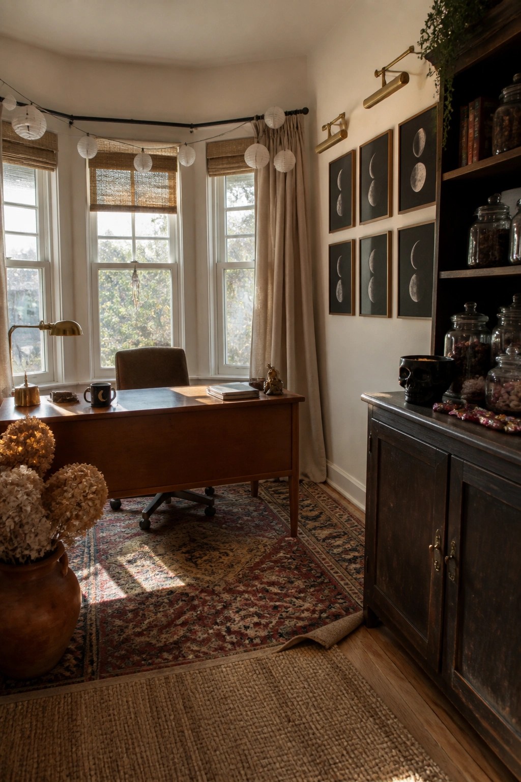 A home office interior with a wooden desk, moon phase framed prints on the wall, and a dark wood cabinet with glass jars.