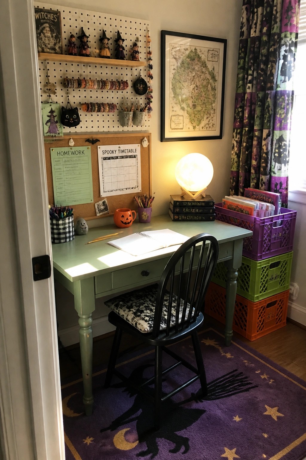 A green desk with black chair sits under a pegboard and corkboard displaying witch dolls, ribbons, and a spooky timetable on a purple rug.