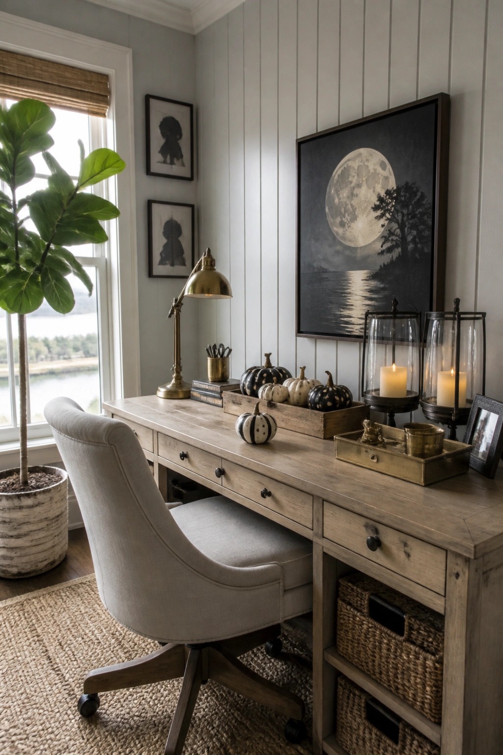 A wooden desk in a home office holds a tray of small black and white pumpkins, brass lanterns with lit candles, and a large moon print on the wall behind it.