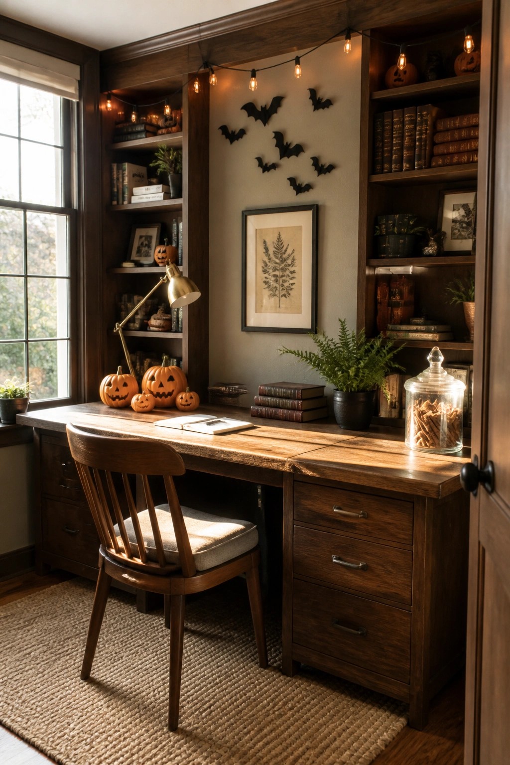 A wooden home office desk with built-in bookshelves decorated with string lights, small jack-o'-lanterns, black bat cutouts, and books.