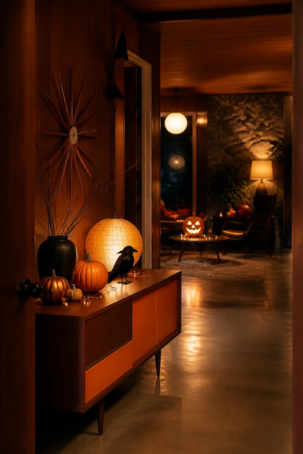 Mid-century console table in an entryway styled with a black crow figure, glowing paper lantern, orange and black pumpkins, and bare branches in a dark vase.