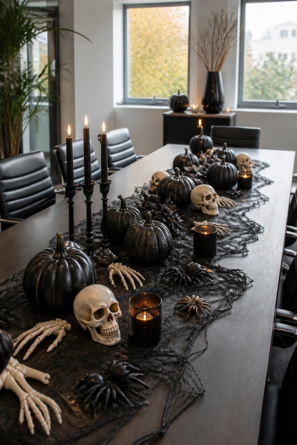 Office conference table with black pumpkins, skulls, spiders, and lit candles.