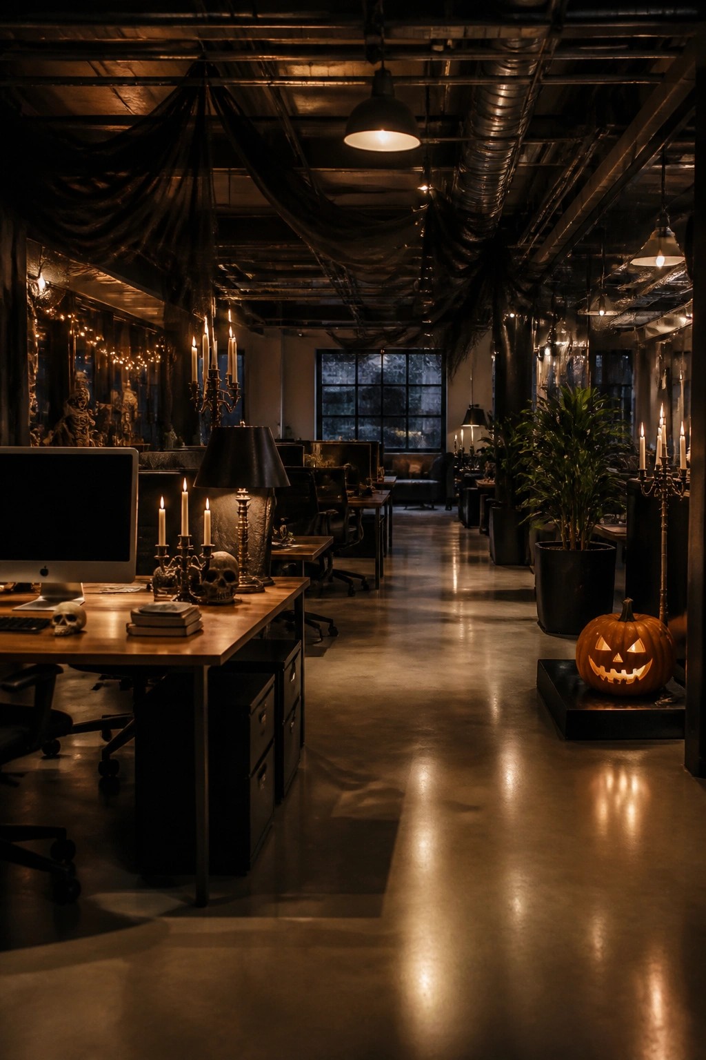 Office desk with skulls, candelabras, and a carved jack o lantern on the floor in a decorated workspace.