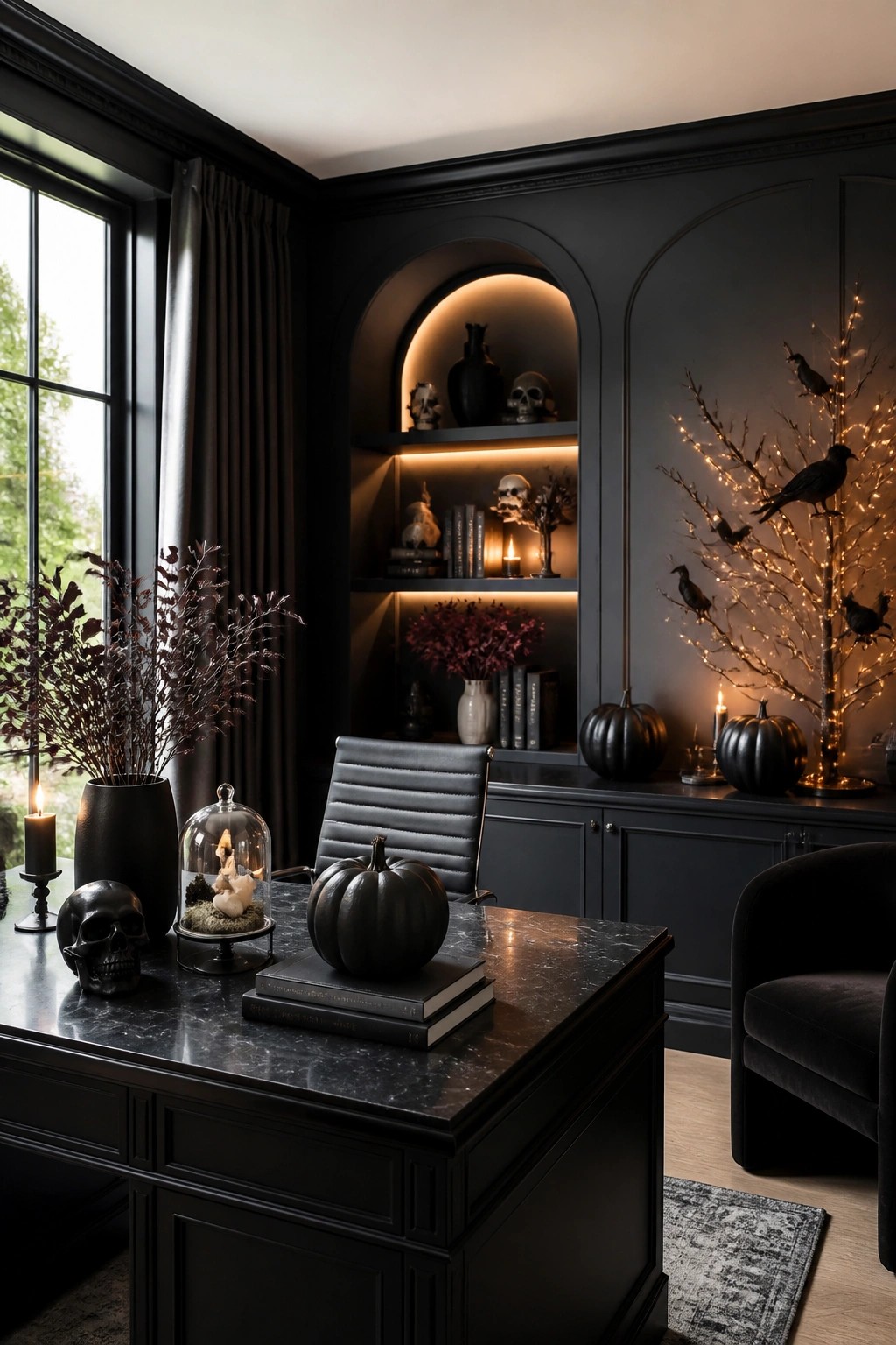 Office desk with black marble top holding a skull, glass cloche, black pumpkin on books, and a lit branch with crows in a dark room with built-in shelves.