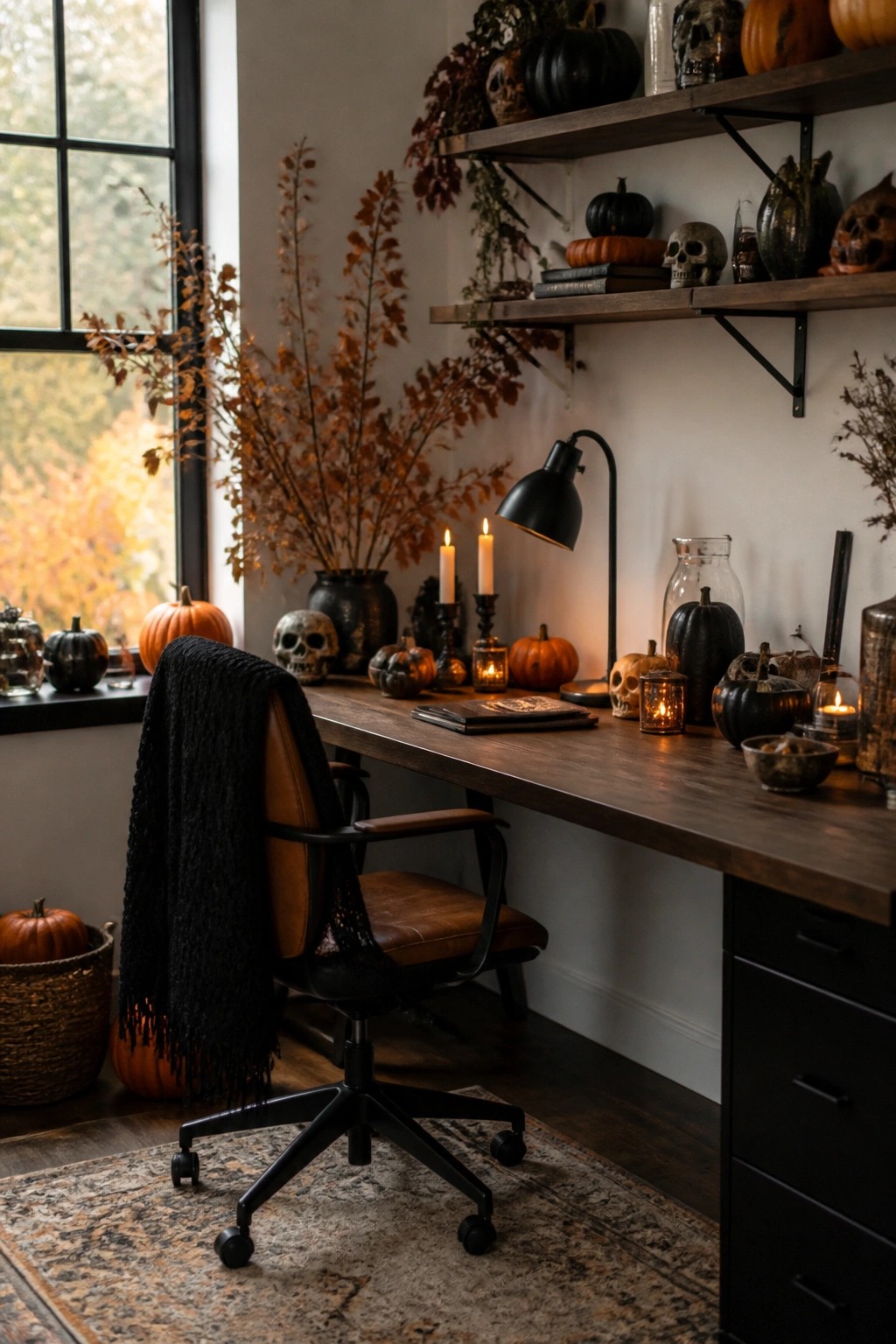Home office desk and shelves styled with skulls, black and orange pumpkins, and candles for Halloween.