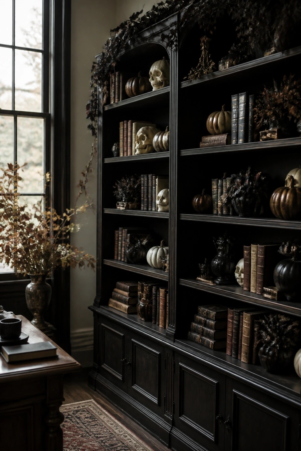 Dark wooden bookshelf lined with skulls, pumpkins, antique books, and dried autumn foliage.