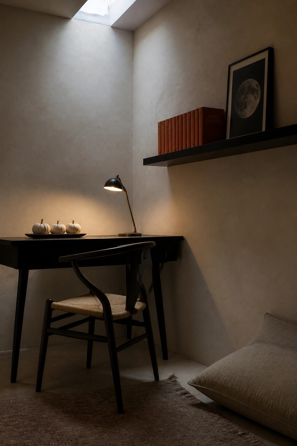 A dark wooden desk holds three small white pumpkins on a tray beside a lit black lamp, with a woven chair pulled up and books on a nearby shelf.