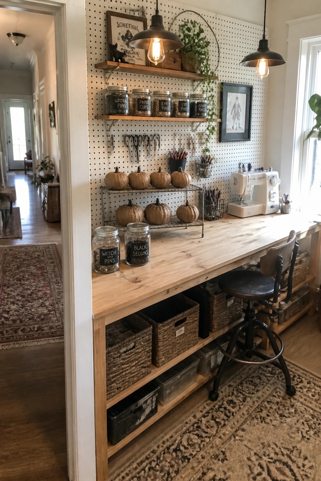A home craft room features a long wooden desk with a sewing machine, a pegboard wall holding jars and tools, and small pumpkins arranged on a two-tier wire rack.