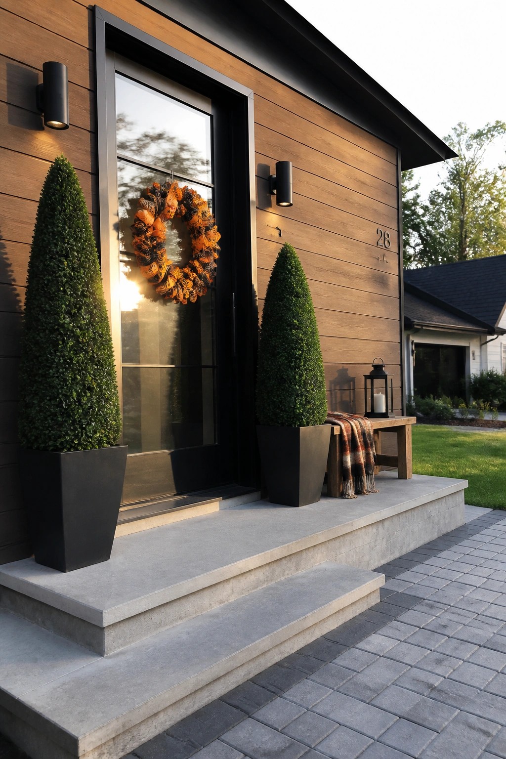 Modern house entrance with wooden siding, black door, orange Halloween wreath, and two potted shrubs on concrete steps.