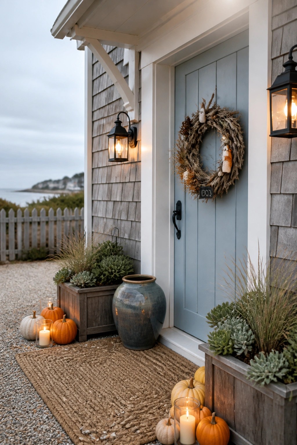A light blue front door with a large rustic wreath featuring small ghost figures, flanked by black lanterns, with pumpkins and lit candles arranged on a woven mat beside wooden planters.