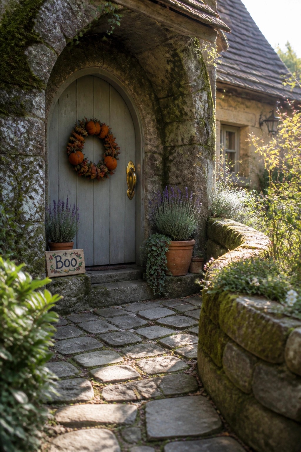 A light blue arched door in a moss-covered stone entryway displays a pumpkin and leaf wreath with a small wooden sign reading Boo beside potted lavender.