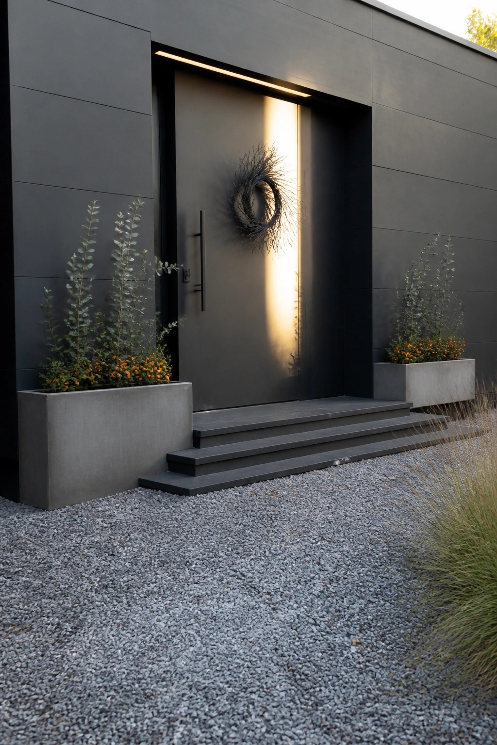 Modern dark door with wreath, concrete planters, steps, and gravel foreground