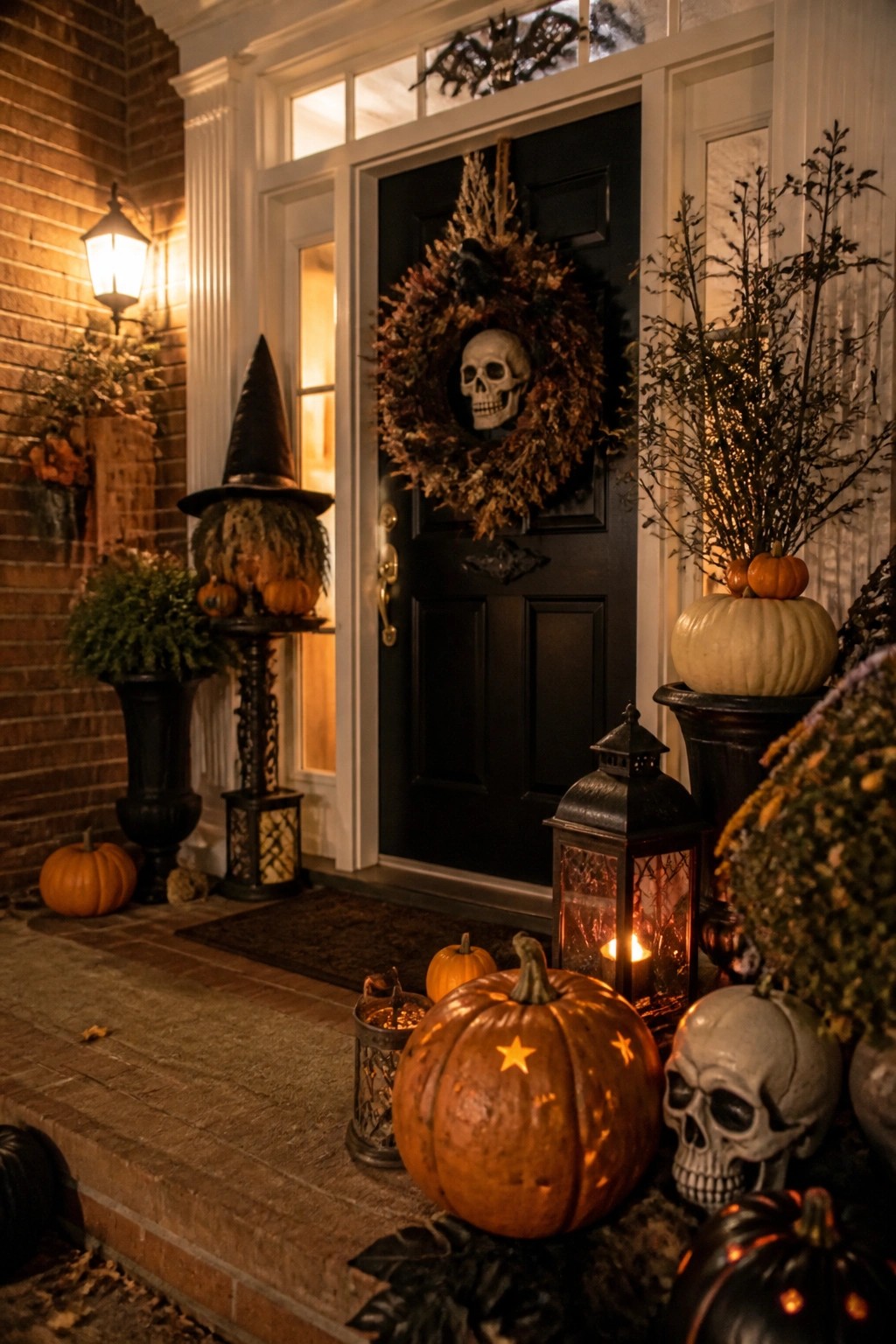 Front door with a large wreath containing a skull, surrounded by carved pumpkins and lanterns on the porch steps.