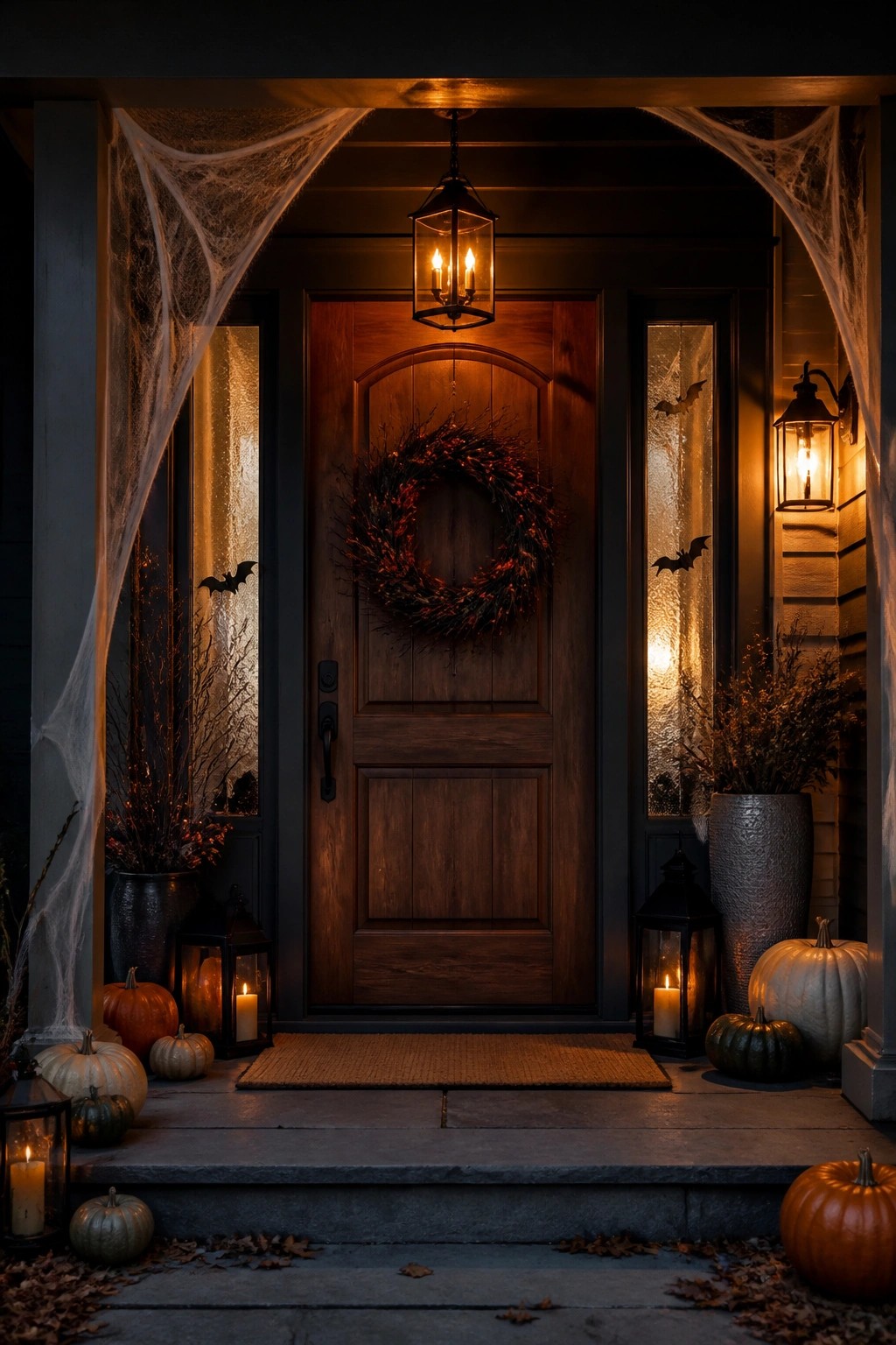 Front door decorated with a dark wreath, black bat cutouts on the sidelight windows, and spiderwebs stretched across the porch columns.