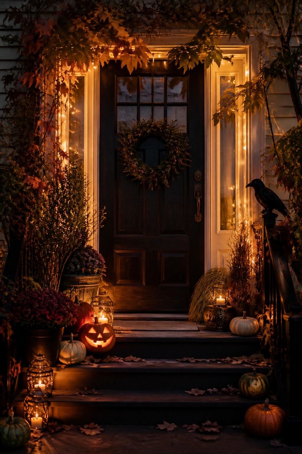 Autumn porch at night with jack-o'-lantern, pumpkins, string lights, and lanterns.