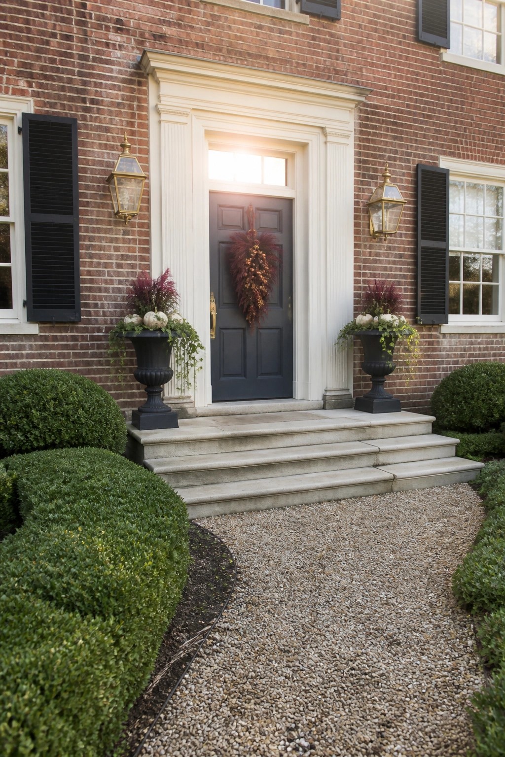 A dark front door on a brick house has a large burgundy wreath centered on it, with black urn planters holding white pumpkins and foliage on each side of the stone steps.