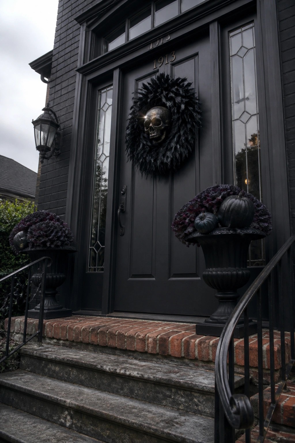 Black door with skull wreath, flanked by urns of black pumpkins and purple foliage on brick steps