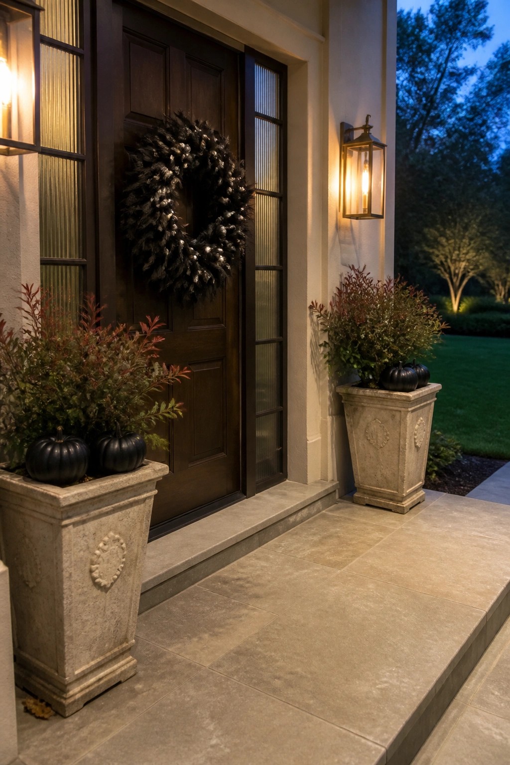 Dark wooden door with black wreath, flanked by stone planters of black pumpkins and glowing lantern.