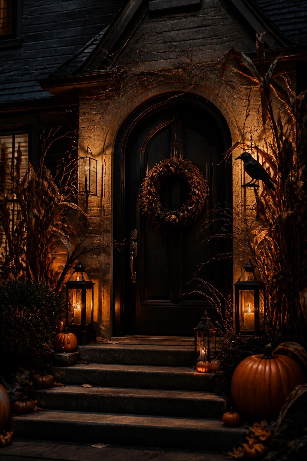 A black front door decorated with a dark wreath, flanked by glowing lanterns and pumpkins on the steps with a crow perched on the right.