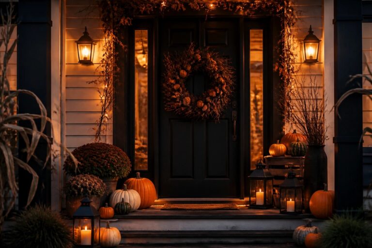 20 Outdoor Halloween Door Decorations That Make a Statement Front door with a large leaf wreath, flanked by lit lanterns and surrounded by pumpkins of various sizes on the steps, including one carved jack-o'-lantern.