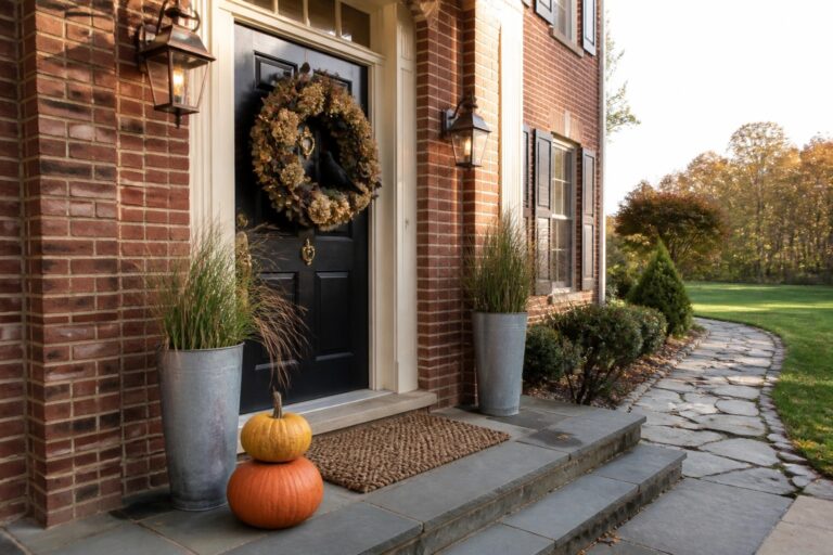 Black door with crow wreath on brick house, pumpkins and lanterns beside stone path