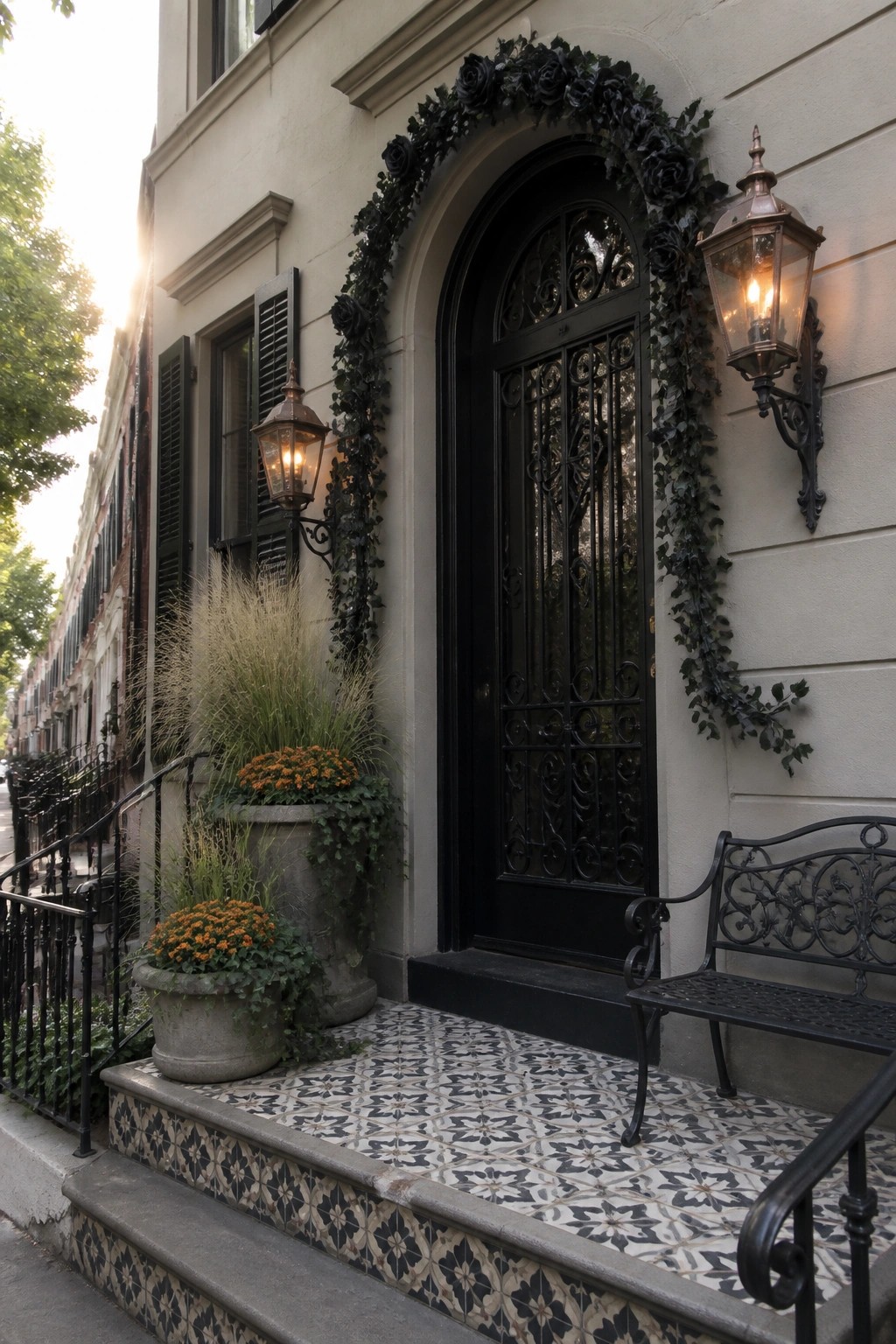 A black arched door on a light stone building is framed by a garland of black roses and dark greenery, with black metal lanterns on either side and patterned tile steps below.