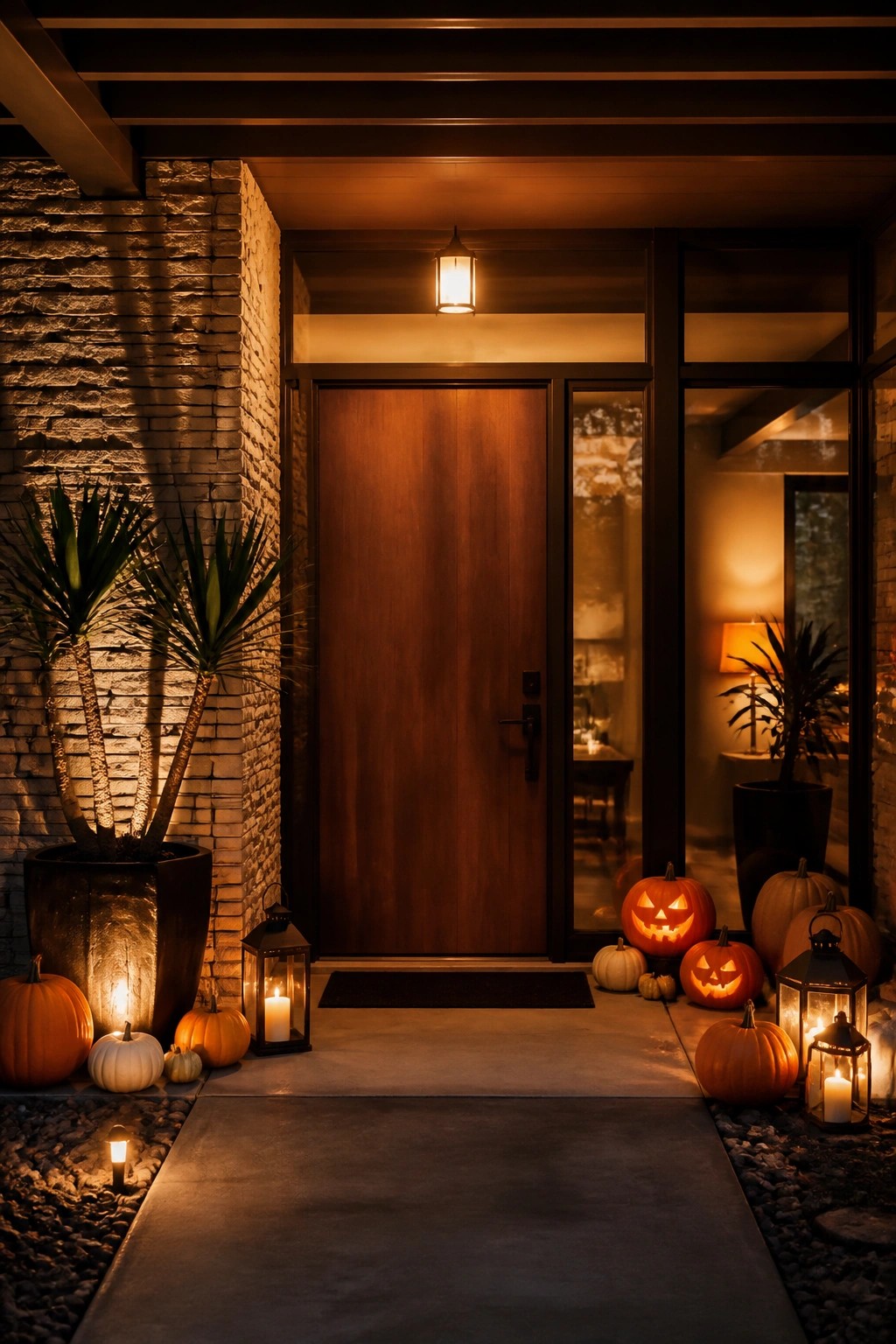 Front door lined with carved jack o' lanterns and lanterns on both sides of a wooden entrance.